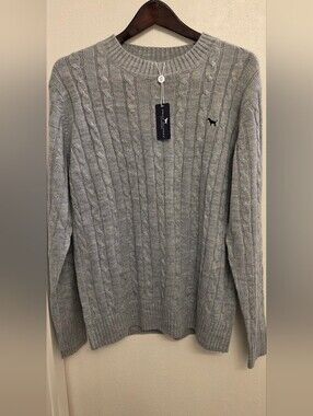 Simply Southern Gray Cable-Knit Crewneck with Navy Blue Logo L